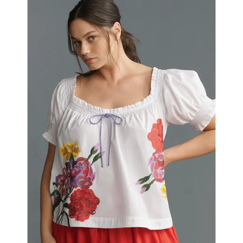 By Anthropologie Puff-Sleeve Tie-Front Embroidered Blouse | Size M